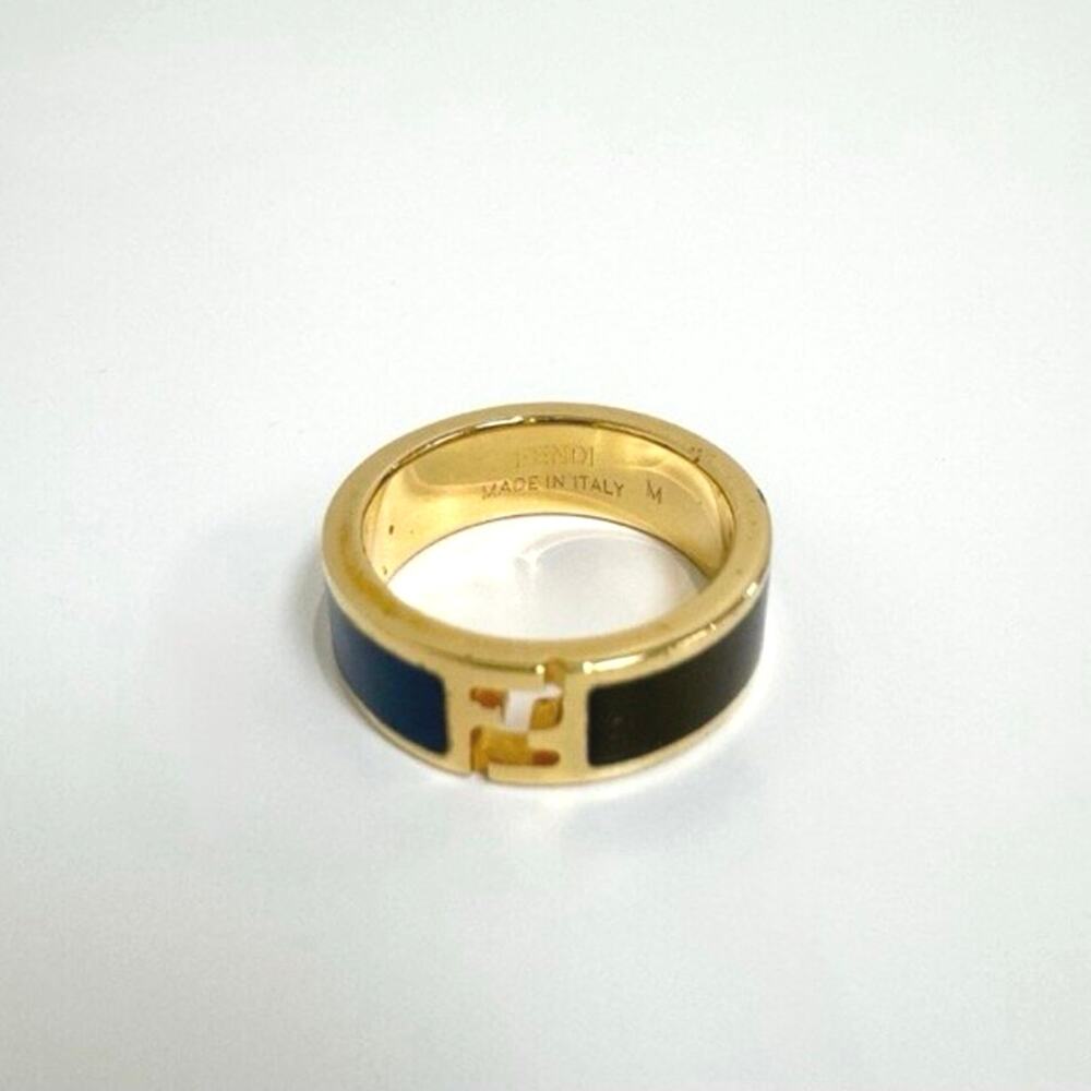 FENDI Fendista Bi-Color Blue and Brown Enamel Gold Ring M FF Logo Jewelry Italy